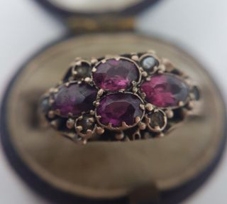 Victorian Antique Amethyst And Pearl Ring Ornate Yellow Gold Band