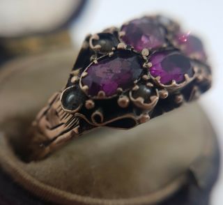 Victorian Antique Amethyst And Pearl Ring Ornate Yellow Gold Band 2