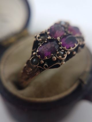 Victorian Antique Amethyst And Pearl Ring Ornate Yellow Gold Band 4