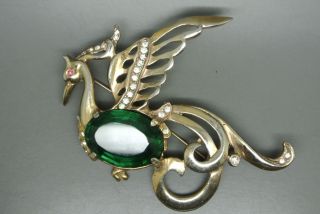 Vintage Unsigned Reja Green Glass Large Stone Belly Figural Pheonix Bird Brooch