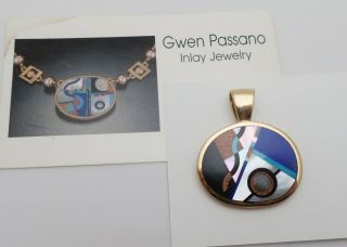 Large 14K Gold Multi Stone Inlay Oval Pendant Gwen Passano Signed Mosaic 14 gms 3