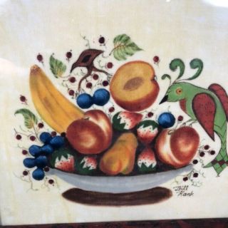 Vintage Bill Rank Theorem Folk Art Painting - Fruits Basket W/ Birds 2