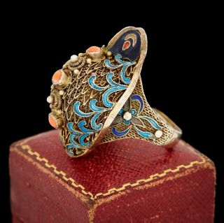 Antique Vintage Deco Sterling Silver Gold Chinese Coral Enamel Turtle Ring Sz 11