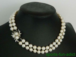 Vintage Diamond & Cultured Pearl 14k White Gold Handknotted 2 Strand Necklace