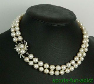 Vintage Diamond & Cultured Pearl 14K White Gold Handknotted 2 Strand Necklace 3