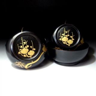 Ae4: Vintage Japanese Lacquered Wooden Covered Bowls,  Gold Makie,  Plum Tree