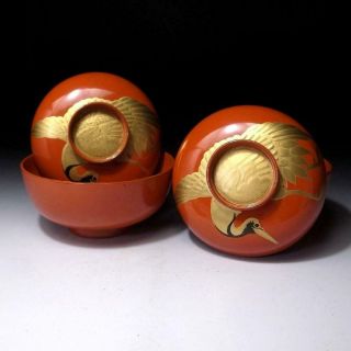 Ae5: Vintage Japanese Lacquered Wooden Covered Bowls,  Makie,  Crane