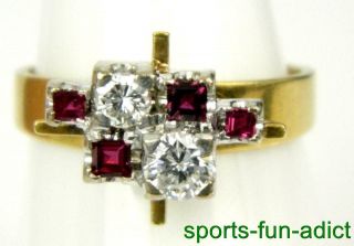 Vtg Retro Diamond & Ruby 18k Two Tone Gold Abstract Modernist Style Squared Ring