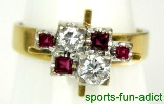 Vtg Retro Diamond & Ruby 18K Two Tone Gold Abstract Modernist Style Squared Ring 3