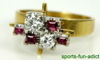 Vtg Retro Diamond & Ruby 18K Two Tone Gold Abstract Modernist Style Squared Ring 5
