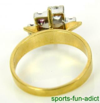 Vtg Retro Diamond & Ruby 18K Two Tone Gold Abstract Modernist Style Squared Ring 8