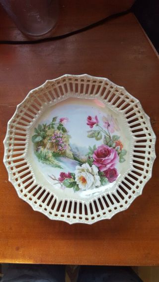 Antique Hand Painted Pierced Fretted Pottery Plate Bowl.  Made In Germany