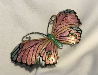 Vintage Art Deco Silvertone J Atkins Ja&s Pink Enamel Butterfly Brooch Pin