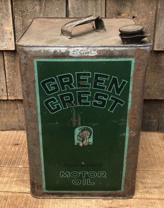 Rare Vintage Green Crest Motor Oil Gas Station 5 Gal Can Shell Eastern Petroleum