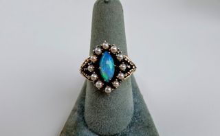 Fine Vintage Large Opal And Pearl 14k Gold Ring Size 8; Weight 7.  62 Grams