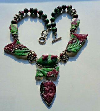 Amy Kahn Russell Carved Ruby Zoisite Sterling Silver Statement Necklace With Tag