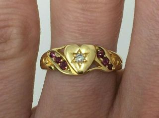 Antique 18k Gold Edwardian Diamond And Ruby Heart Ring
