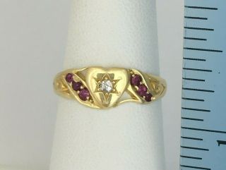 Antique 18K Gold Edwardian Diamond and Ruby Heart Ring 2