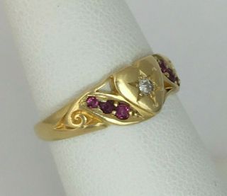 Antique 18K Gold Edwardian Diamond and Ruby Heart Ring 4