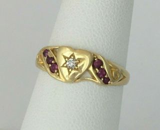 Antique 18K Gold Edwardian Diamond and Ruby Heart Ring 5