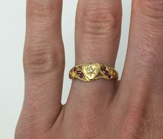 Antique 18K Gold Edwardian Diamond and Ruby Heart Ring 9