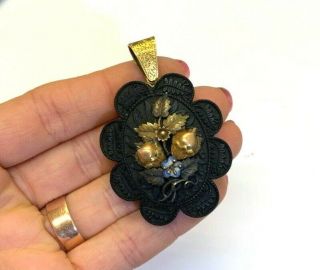 Lovely Antique Victorian Carved Wood / Ebony 14k Gold Intricate Floral Pendant