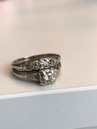 Vintage 1950 ' s 14K White Gold & Diamond Engagement and Wedding Rings Set 2