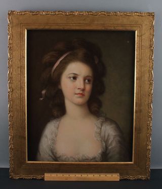 Antique 18thc Pastel Portrait Drawing,  Young Woman,  Gold Gilt Oak Frame,  Nr