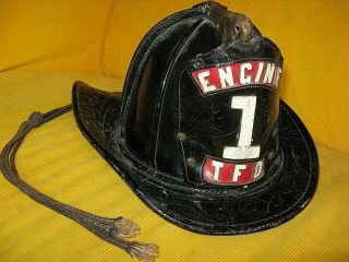 Vintage Leather Fire Helmet Cairns " Engine 1 Tfd " Black
