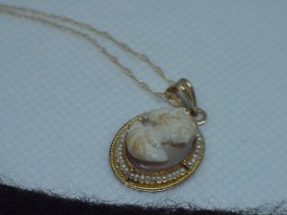 14k Dainty Cameo Seed Pearl Surround Oval Pendant Necklace Yellow Gold Antique