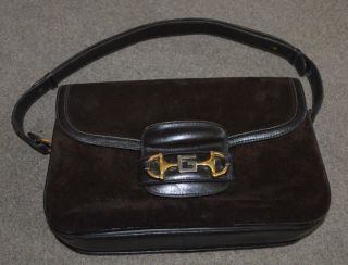 Vtg Gucci Suede Leather Hand Bag Purse Brass Horse Bit Logo Authentic 1970s