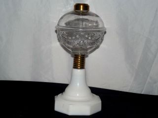 Antique Victorian Milk Glass Base Clear Font Oil Kerosene Lamp