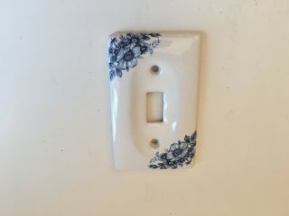Vintage Ceramic Light Switch Single Toggle Plate Cover Blue Flowers On White