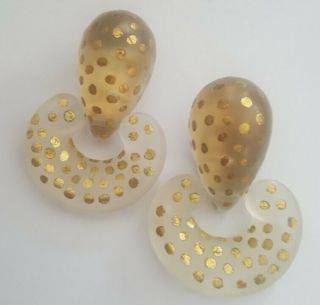 Vintage Patricia Von Musulin Frosted Lucite Gold Dot Doorknocker Clip Earrings