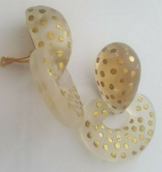 Vintage Patricia Von Musulin Frosted Lucite Gold Dot Doorknocker Clip Earrings 2
