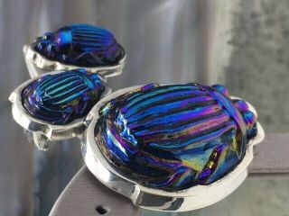 Rare Antique Signed Tiffany Blue Favrile Art Glass Scarab Sterling Set
