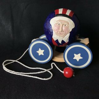 1988 Briere Design Studios Folk Art Roly Poly Pull Toy Of “uncle Sam”