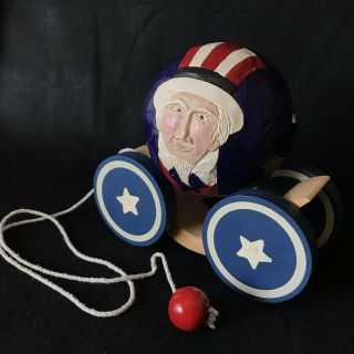 1988 Briere Design Studios Folk Art Roly Poly Pull Toy of “UNCLE SAM” 4