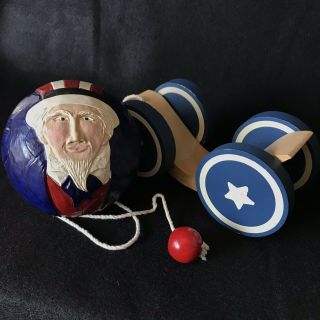 1988 Briere Design Studios Folk Art Roly Poly Pull Toy of “UNCLE SAM” 5