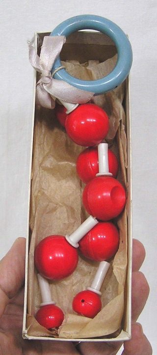 Vintage Celluloid Plastic Crib Toy Red Balls Blue Ring White Links 1950s