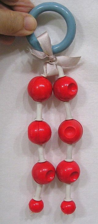 Vintage Celluloid Plastic Crib Toy Red Balls Blue Ring White Links 1950s 2