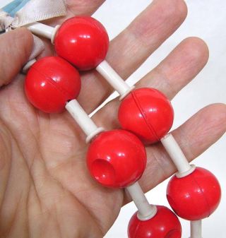 Vintage Celluloid Plastic Crib Toy Red Balls Blue Ring White Links 1950s 3