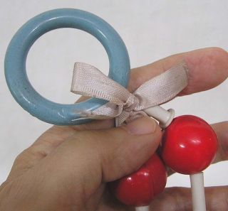Vintage Celluloid Plastic Crib Toy Red Balls Blue Ring White Links 1950s 4