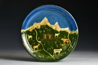 19th Century Thun Pottery Charger With Livestock & Mountain View