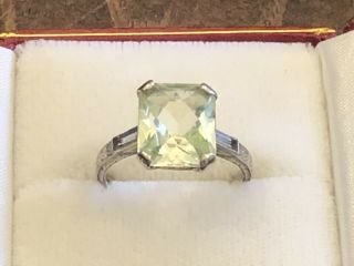 Rare Vintage 14k White Gold Yellow Green 10ct Sapphire & Diamond Halo Ring Sz 8