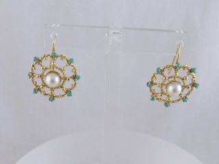 Vintage 14 Kt Gold With Persian Turquoise And Pearls Open Roundel Earrings