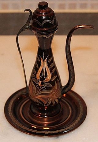 Mini Copper Islamic Style Coffee Pot On A Copper Tray