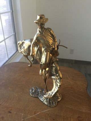 Vintage Large Brass Horse Cowboy Statue Figurine Horse Statue