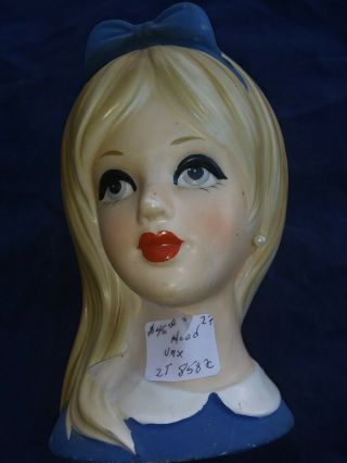Vintage Ceramic Porcelain Lady Head Vase Planter,  Blonde Ponytail Blue Shirt
