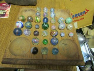 Antique - 33 Early German Marbles & Wood Game Board (all).  3